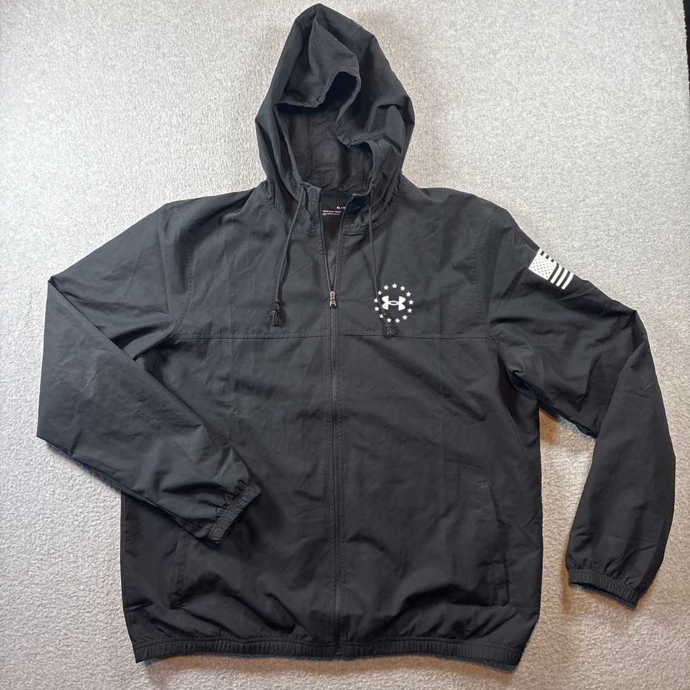 Under Armor Black Tactical Lightweight Full Zip Jacket Sz XL USA Flag Patch Rain